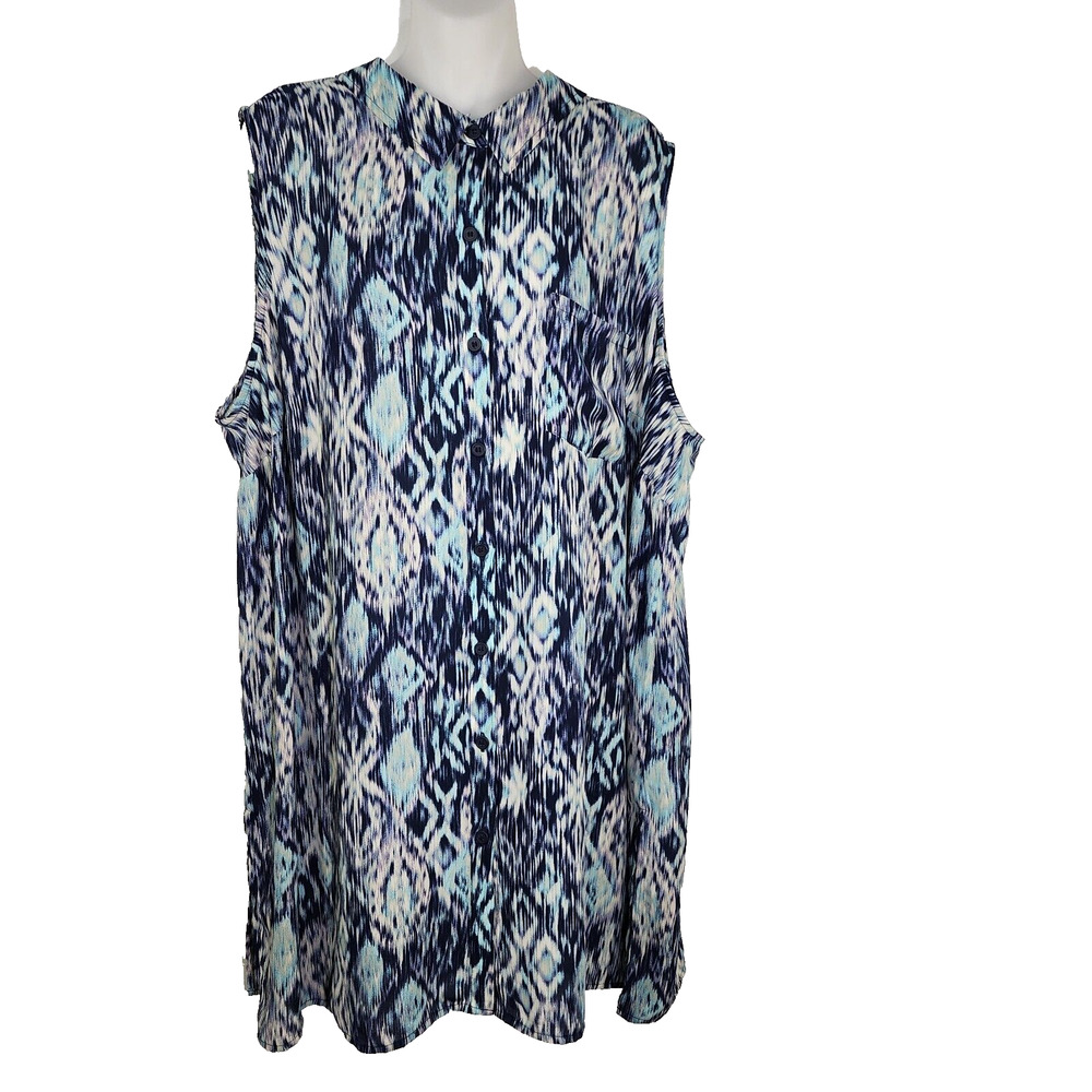 Catherines Top Womens Plus Size 2X 22/24W Tunic Blue Sleeveless Button Up Pocket